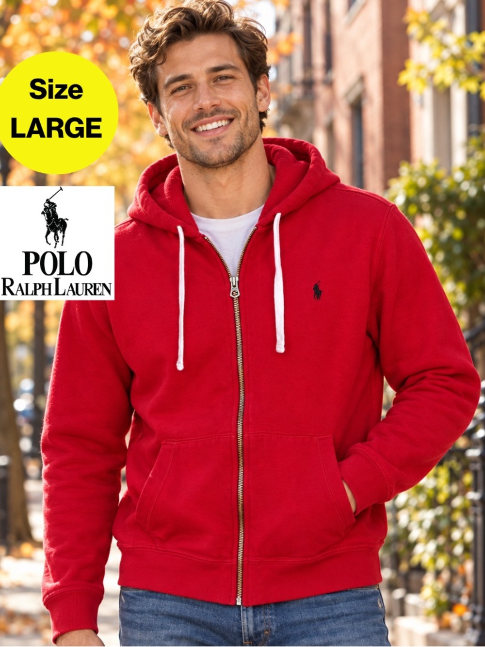POLO RALPH LAUREN ♦️Red Zip‑Up Hooded Sweatshirt, Pockets (Men’s Large)